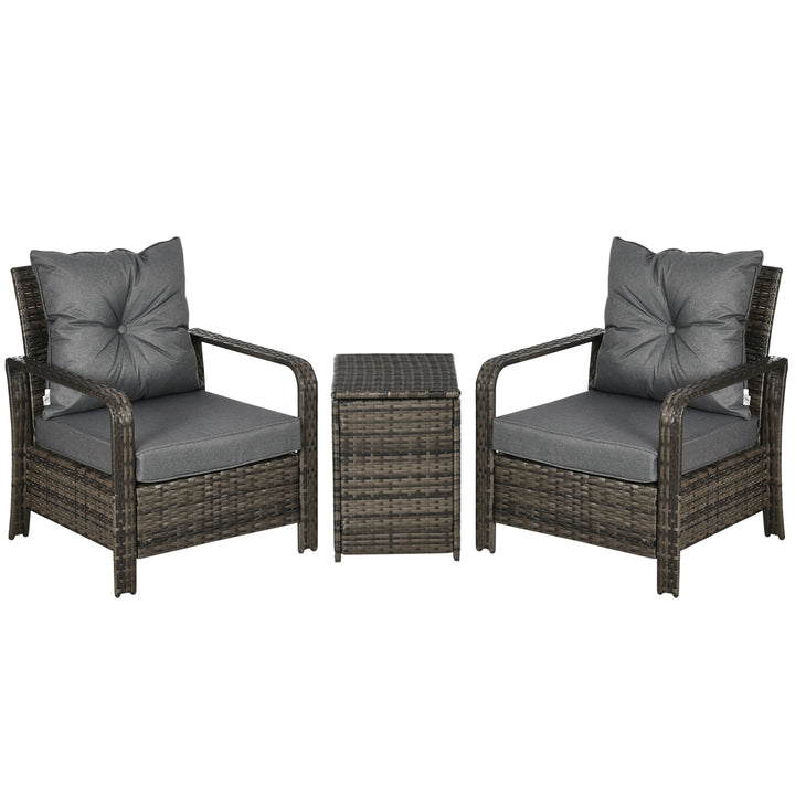 3 Pieces Rattan Bistro Set, Wicker Garden Furniture Set with Storage Coffee Table and Chairs, Thickened Cushions for Outdoor, Patio, Balcony, Grey