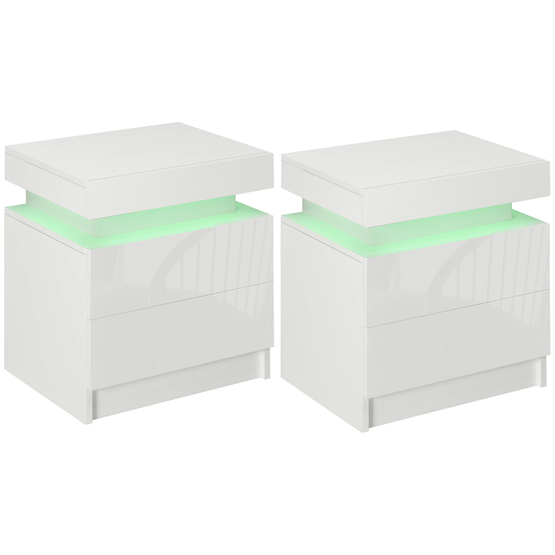 Set of 2 White Bedside Tables with LED Lights, High Gloss Front Nightstands with 4 Drawers