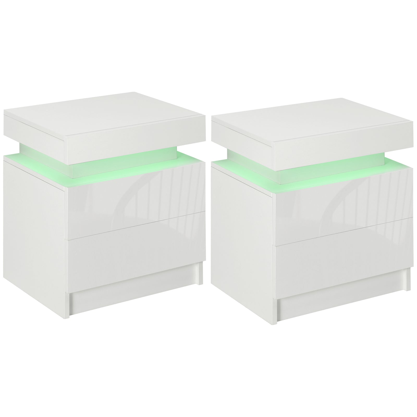 Set of 2 White Bedside Tables with LED Lights, High Gloss Front Nightstands with 4 Drawers