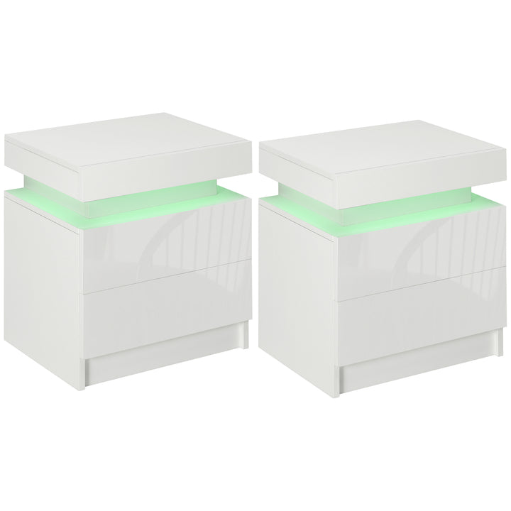 Set of 2 White Bedside Tables with LED Lights, High Gloss Front Nightstands with 4 Drawers