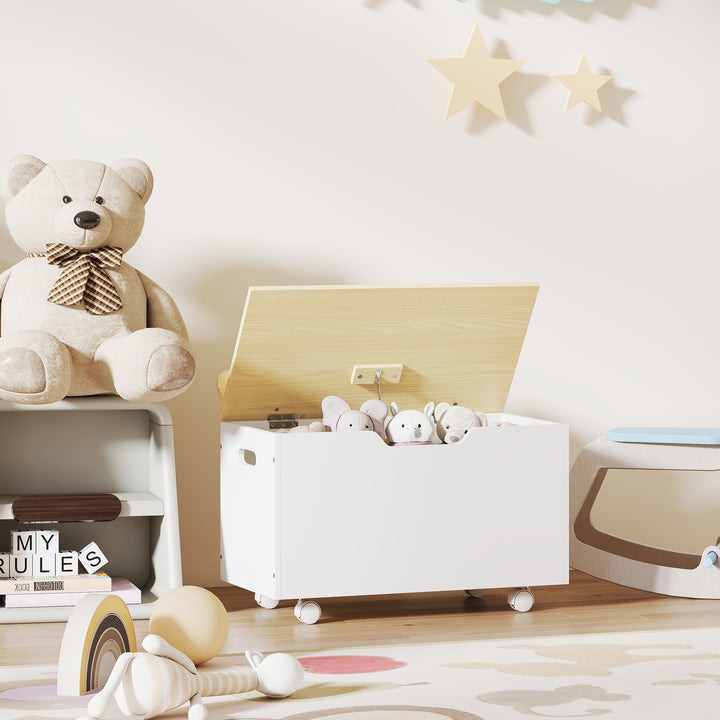 Toy Box with Lid, Toy Chest with Wheels and Safety Hinges, Toddler Storage Organiser for Playroom, Bedroom