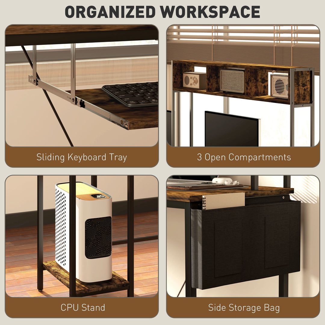 160cm Reversible L Shaped Desk with Power Outlet, Industrial Corner Desk with Storage Shelves and Keyboard Tray, 240cm Long Computer Desk for 2 Person, Rustic Brown
