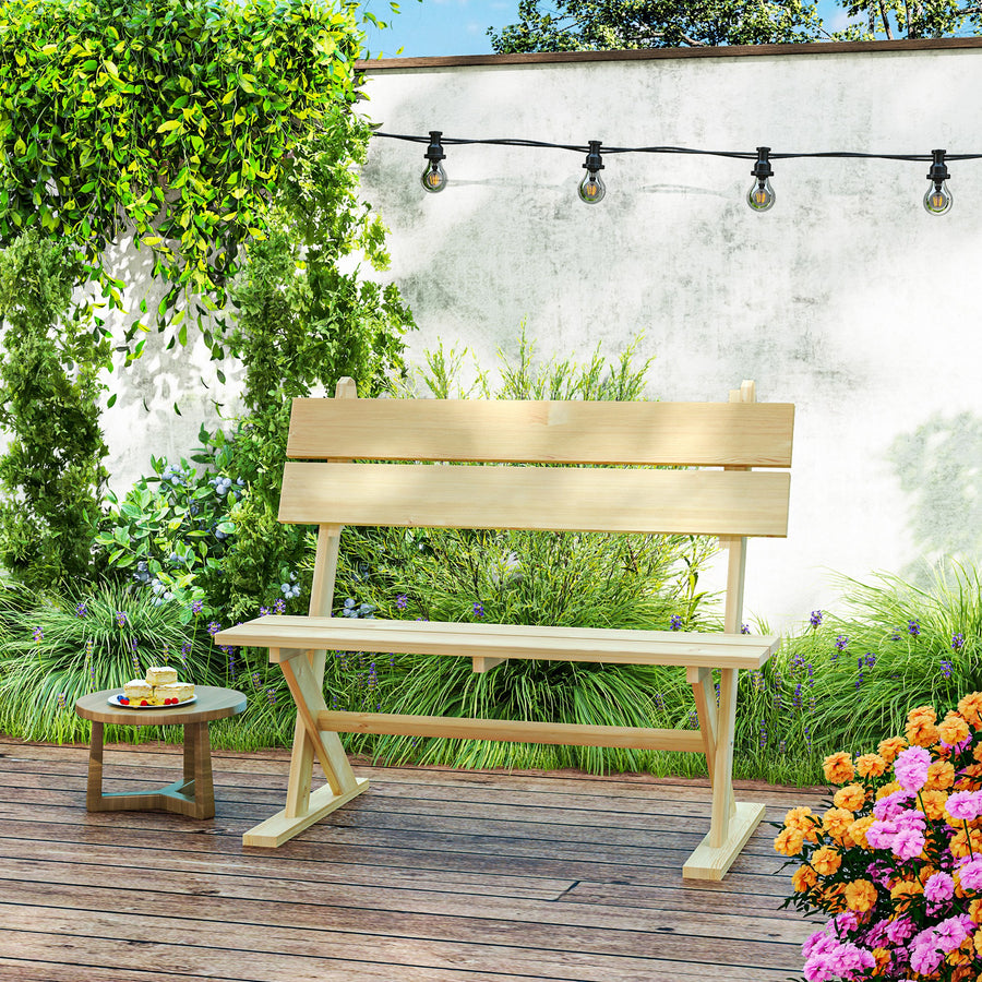 2 Seater Wooden Garden Bench, Fir Wood Outdoor Bench, Garden Loveseat with Slatted Seat, Sloping Back and Wide Feet for Patio, Park, Natural Wood Finish