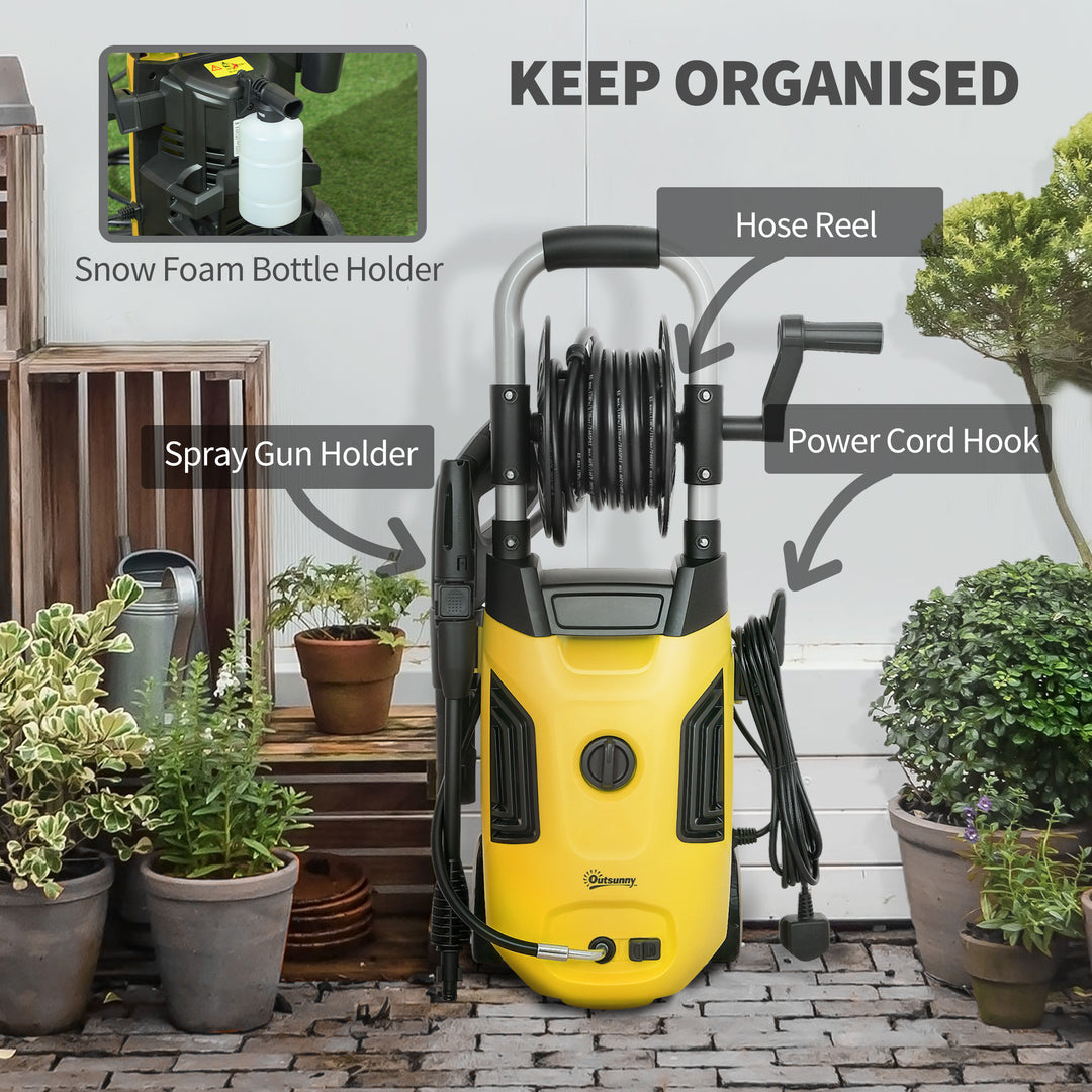 1800W High Pressure Washer, 150 Bar Pressure, 420 L/h Flow, Portable Power Washer Jet Wash Cleaner with Adjustable Nozzle, 6M Hose, Hose Reel, Steel Handle for Home Patio Car Driveway, Yellow