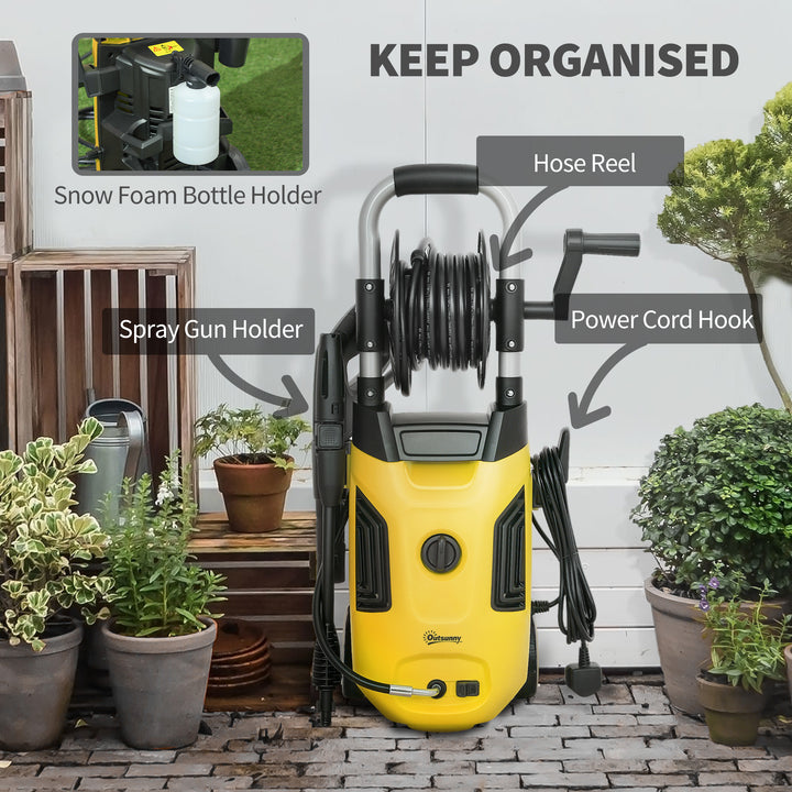 1800W High Pressure Washer, 150 Bar Pressure, 420 L/h Flow, Portable Power Washer Jet Wash Cleaner with Adjustable Nozzle, 6M Hose, Hose Reel, Steel Handle for Home Patio Car Driveway, Yellow