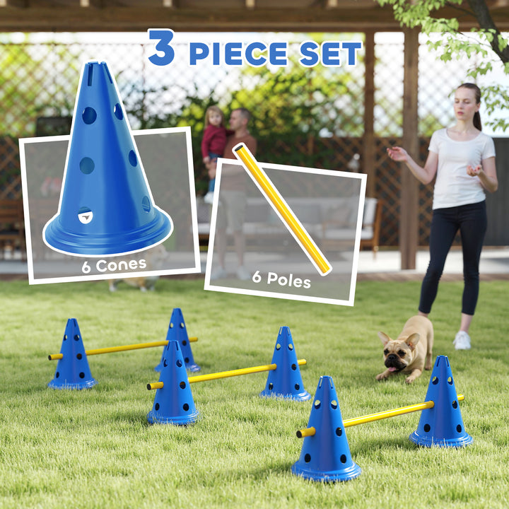 Dog Agility Equipment Set of Six Cones, Six Poles with Carry Bag, Three-Piece Adjustable Height Jumping Obstacles, Blue