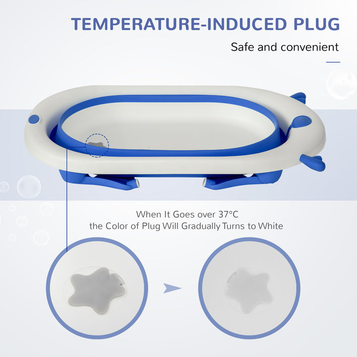 Foldable Baby Bathtub Set, Collapsible Bath Tub with Thermostatic Water Plug, Non-Slip Support, Cushion Pad, Drain Plugs, for Newborn to 3 Years - Blue