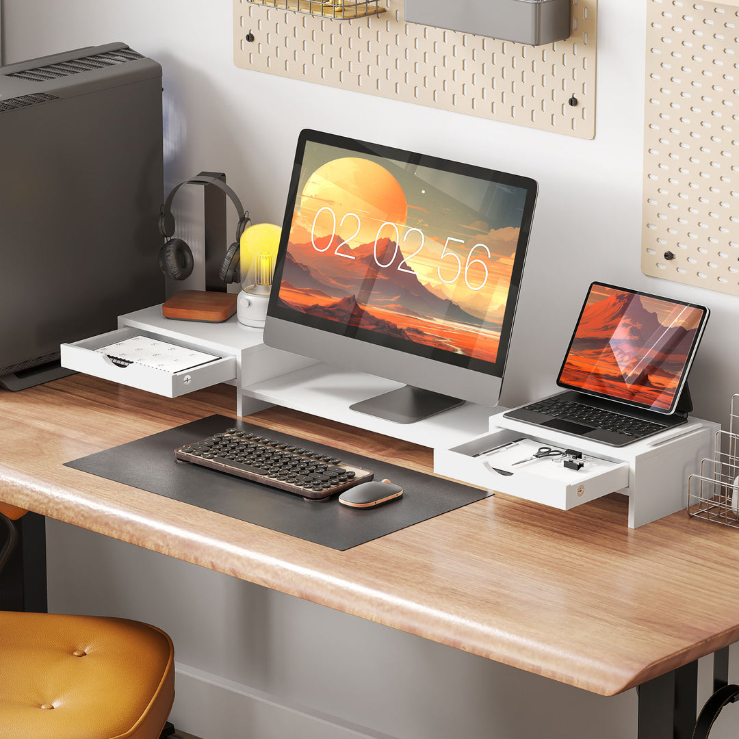 Dual Monitor Stand Riser with 2 Drawers, Adjustable Length and Angle, 116cm Monitor Riser for Laptop, Computer, PC, Small Printer, White