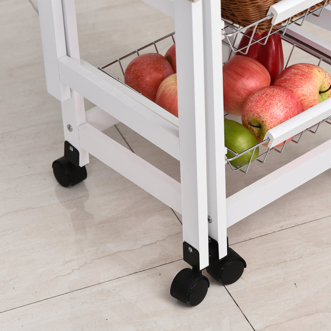 Drop-Leaf Kitchen Cart Trolley w/ 3 Baskets Drawer Surface Top 6 Universal Wheels Rolling Storage Unit Kitchen Home Dining Island White Oak Tone