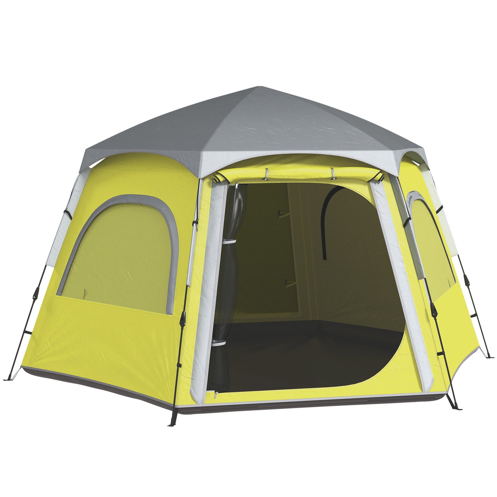 Instant Pop Up Camping Tent, 2/3/4 Person Easy Setup Dome Family Tent with Vestibule, Rainfly, 4 Mesh Windows & 2 Doors, Hexagonal Design, Waterproof & UV Protected, Yellow Green