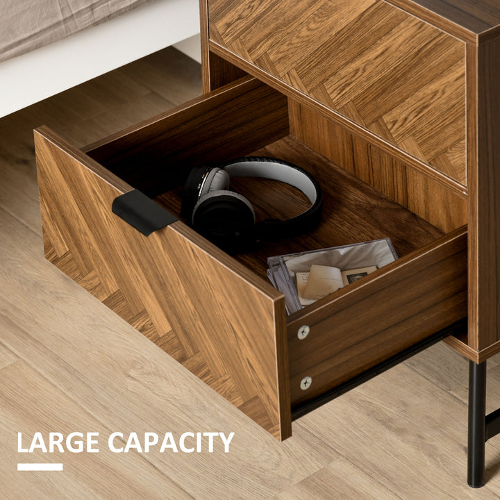 Bedside Table with Two Drawers, Side Cabinet Storage Unit with Metal Handles, Organisation Furniture for Living Room, Bedroom, Walnut Brown