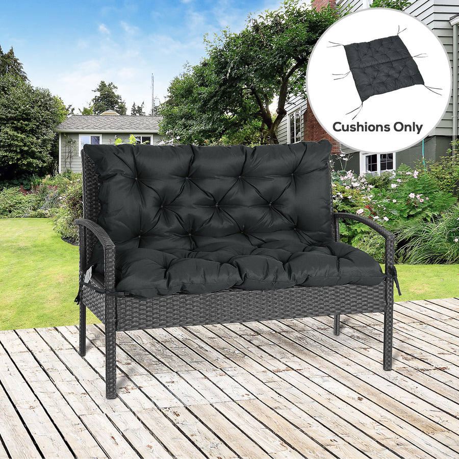 2 Seater Bench Pad, Garden Chair Cushion with Back and Ties for Indoor and Outdoor Use, 98 x 100 cm, Black