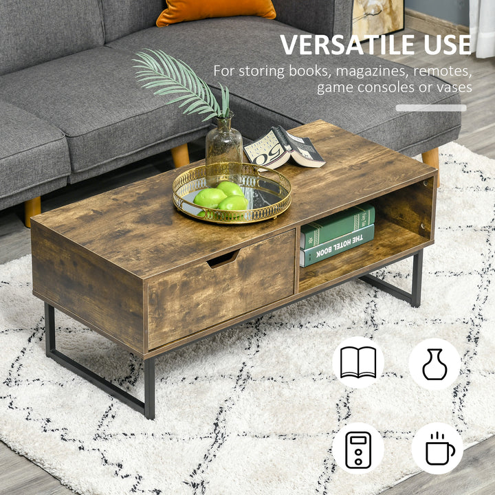 HOMCOM Industrial Coffee Table, Wooden Sofa Table with Storage Shelf and Drawer, Metal Frame, Rustic Brown, 106W x 48D x 43H cm | Aosom UK