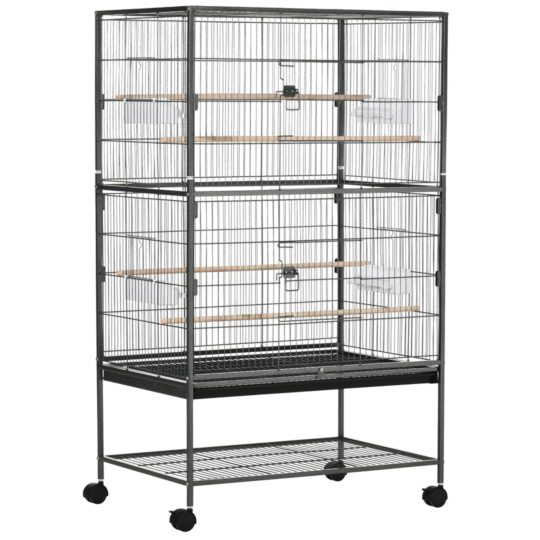 MCL Large Bird Cage Budgie Cage for Finch Canaries Parakeet with Rolling Stand, Slide-out Tray, Storage Shelf, Food Containers, Dark Grey