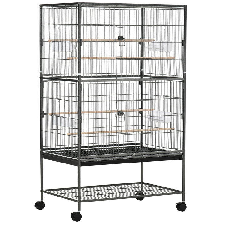 MCL Large Bird Cage Budgie Cage for Finch Canaries Parakeet with Rolling Stand, Slide-out Tray, Storage Shelf, Food Containers, Dark Grey