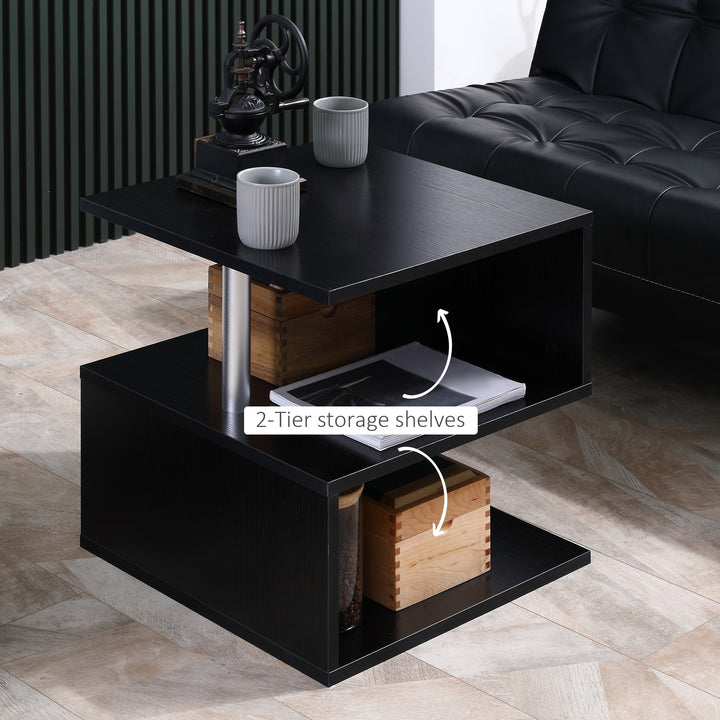 Wooden S Shape Cube Coffee Table 2 Tier Storage Shelves Organiser Office Bookcase Living Room End Desk Stand Display Set of 2 (Black)