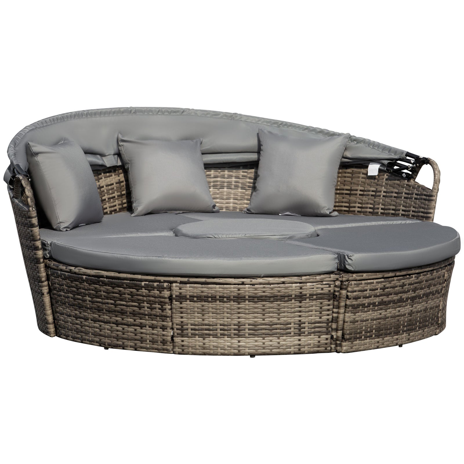 Outdoor PE Rattan Garden Furniture with Cushioned, Patio Wicker Conversation Furniture Set, Round Daybed with Retractable Canopy, Coffee Table and Three Pillows, Dark Grey