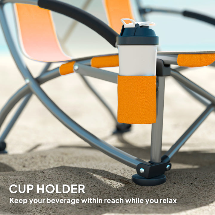 Set of 2 Folding Beach Chair, Low Camping Chair with Mesh Back, Carry Bag and Cup Holder for Garden Outdoor Picnic Festival Travel, Orange