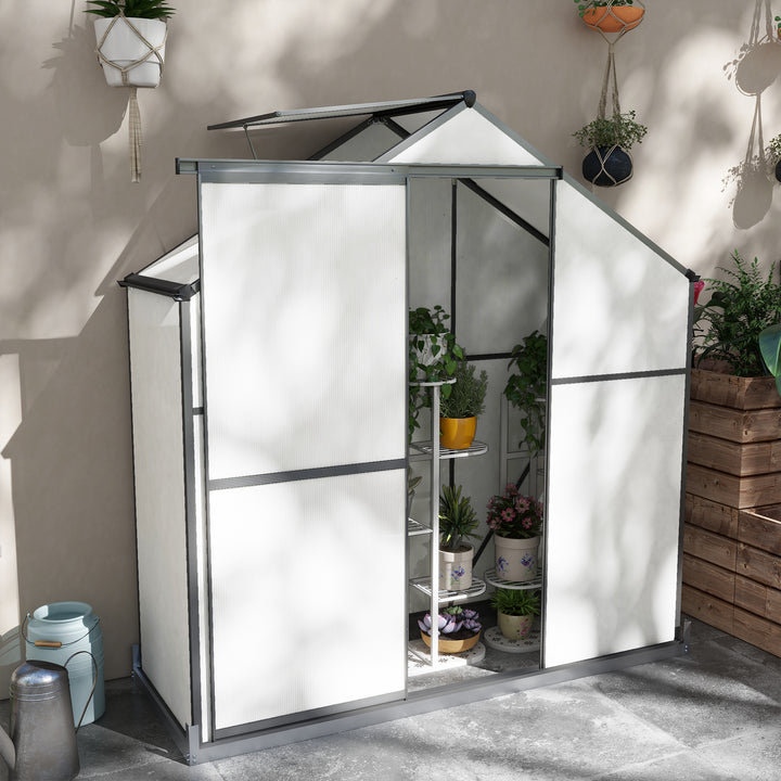 Outsunny Polycarbonate Greenhouse, 6 x 2.5ft Walk-In with Rain Gutter, Sliding Door, Window, Foundation, Dark Grey