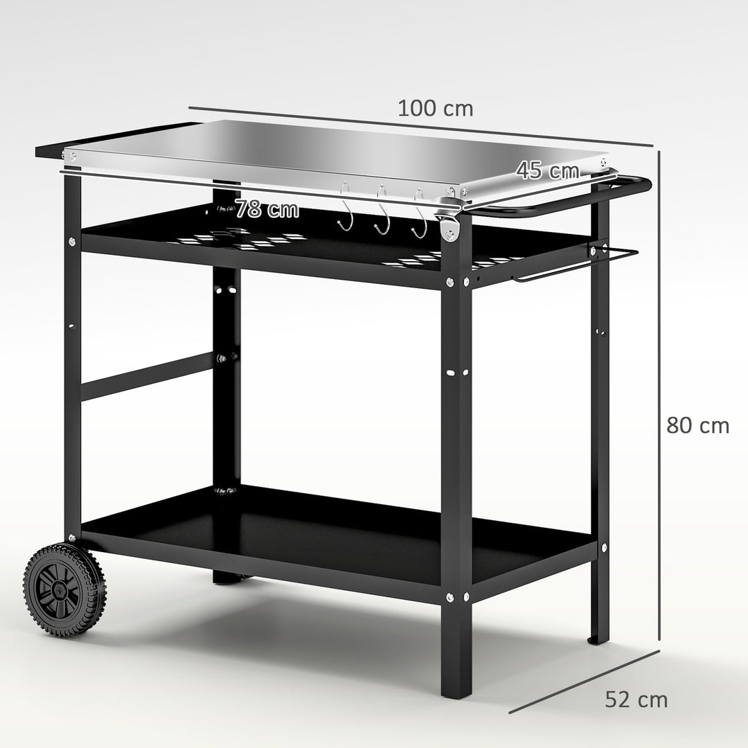 BBQ Trolley with Stainless Steel Top Adjustable Shelf, Outdoor Kitchen BBQ Station with Hooks Seasoning Tray Towel Rack, Pizza Oven Table Movable Outdoor Grill Dining Cart with Cover, Black