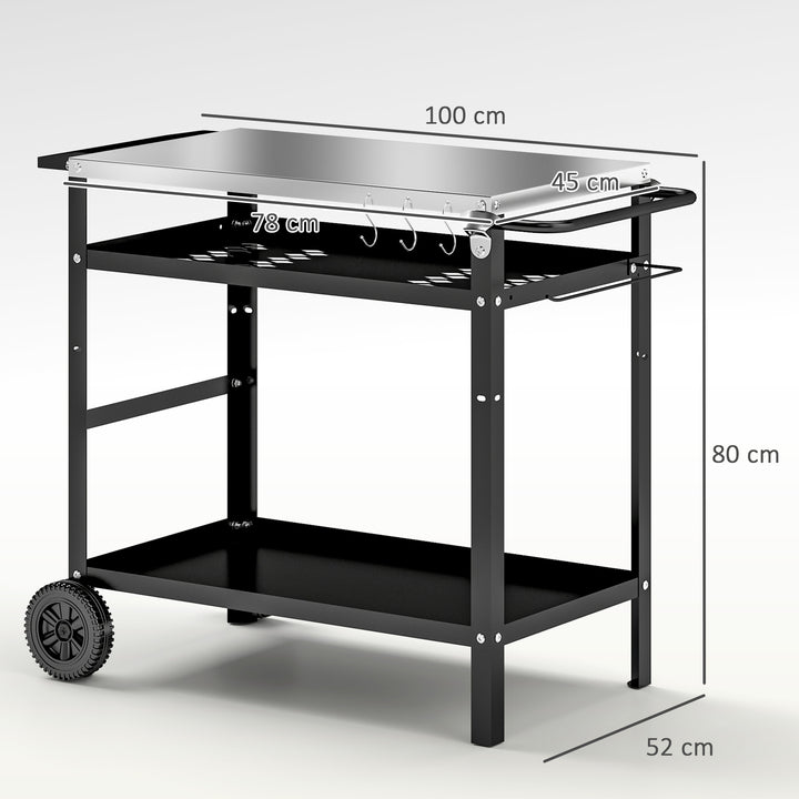 BBQ Trolley with Stainless Steel Top Adjustable Shelf, Outdoor Kitchen BBQ Station with Hooks Seasoning Tray Towel Rack, Pizza Oven Table Movable Outdoor Grill Dining Cart with Cover, Black