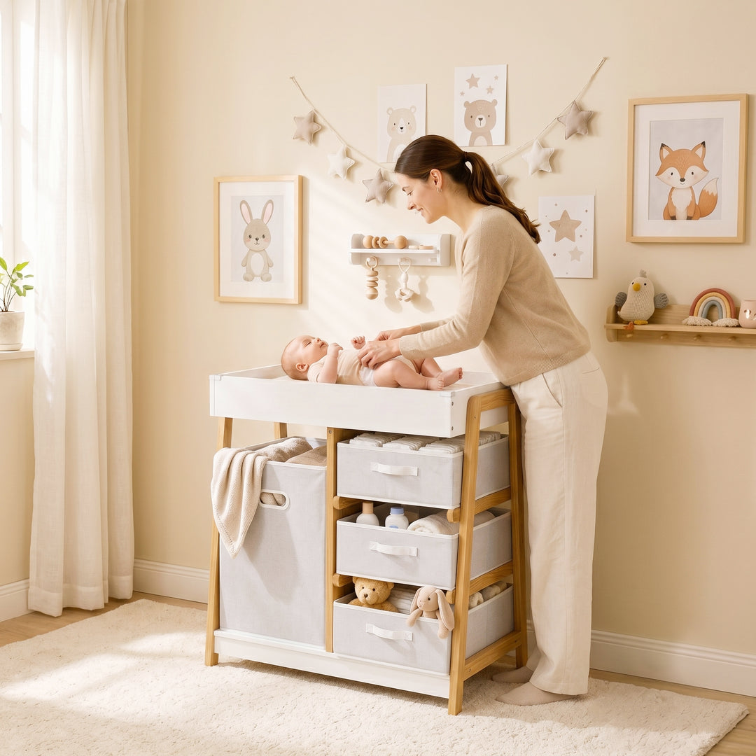 Baby Changing Table, Baby Changing Unit with 3 Drawers, Large Basket a