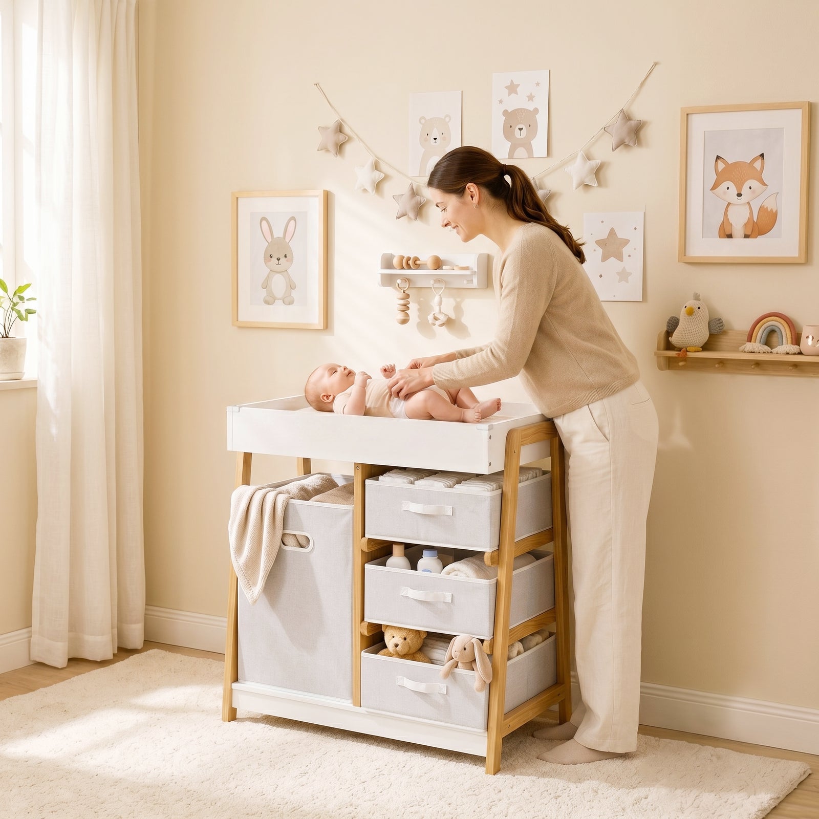 Baby Changing Table, Baby Changing Unit with 3 Drawers, Large Basket a