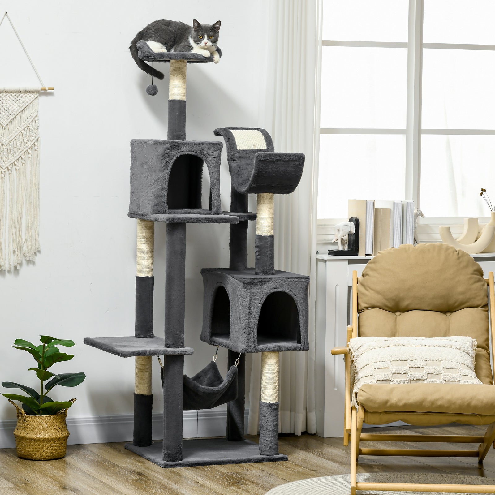 177cm Cat Tree with Scratching Post, Hammock, Cat House - Dark Grey