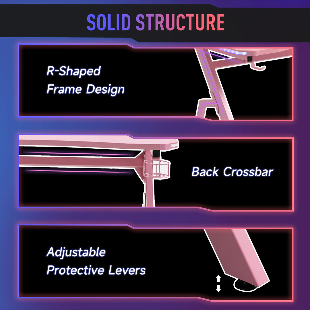 RGB 120 x 66cm Gaming Desk, Computer Table with Carbon Fibre Surface, Headphone Hook, Cup Holder, Controller Rack, Home Office Desk, Pink