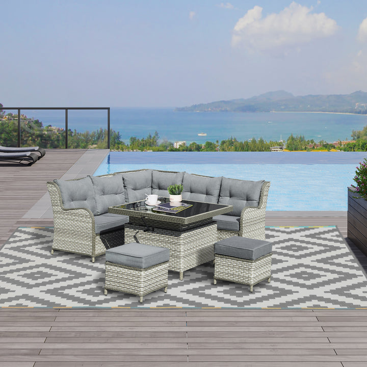 Outsunny 7-Seater Patio PE Rattan Corner Sofa w/ Adjustable Convertible Rising Table, Wicker Sectional Furniture w/ Cushions, Grey | Aosom UK