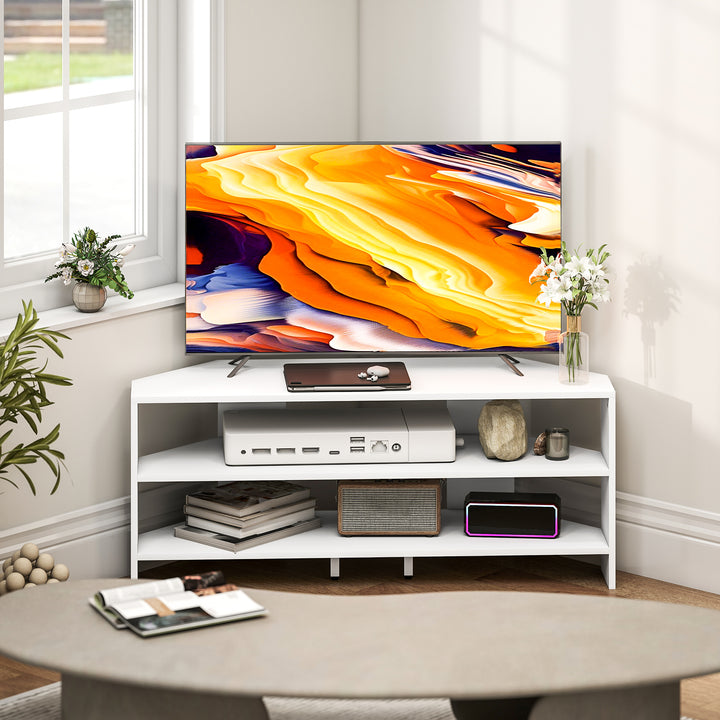 Corner TV Stand with 2 Open Shelves for 47 Inch TV - White