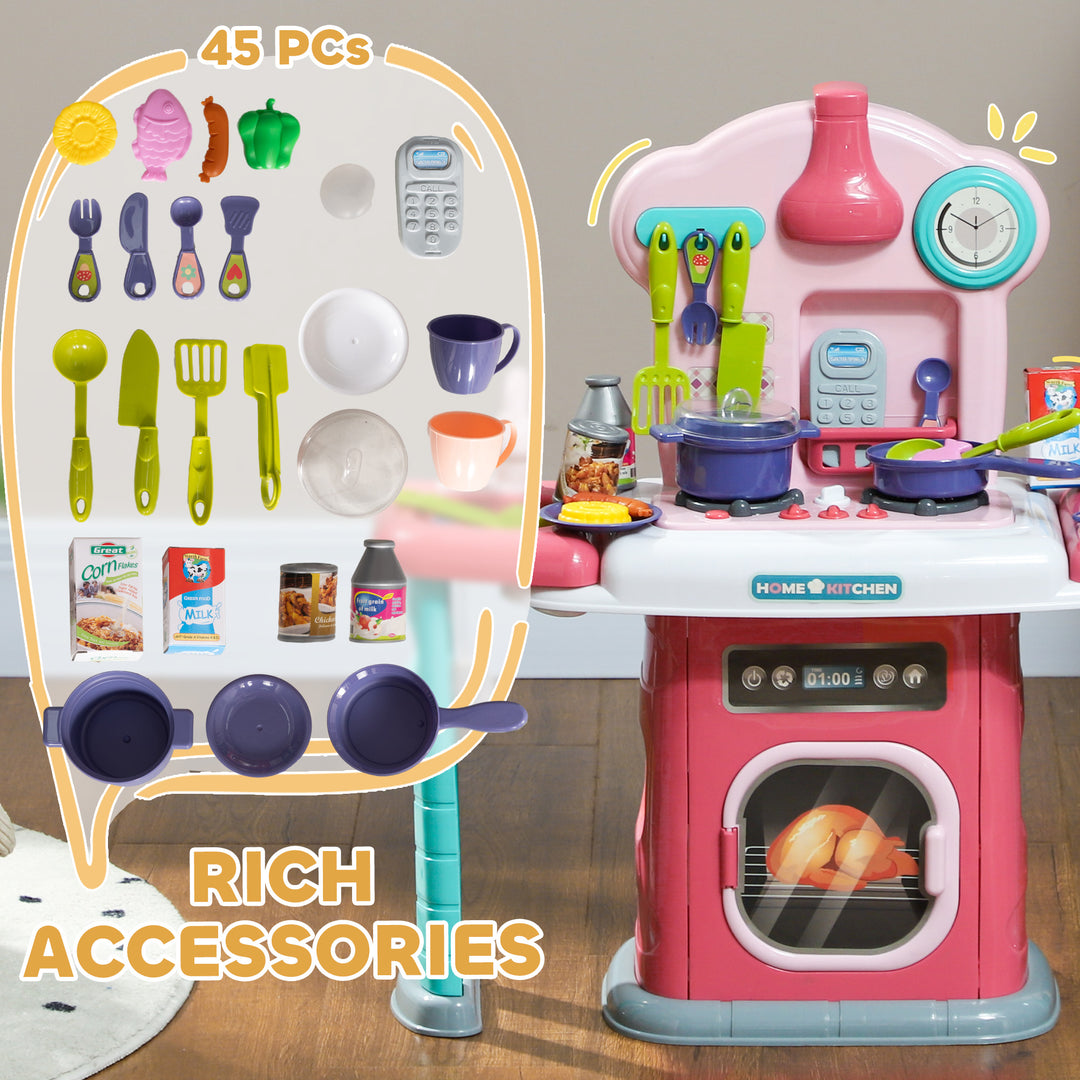 AIYAPLAY Toy Kitchen, 45 Pieces Kids Kitchen with Rotating Side Tables, Toddler Pretend Role Play Kitchen with Light, Sounds, Spray Effect for Children 3-6 Years, Pink | Aosom UK