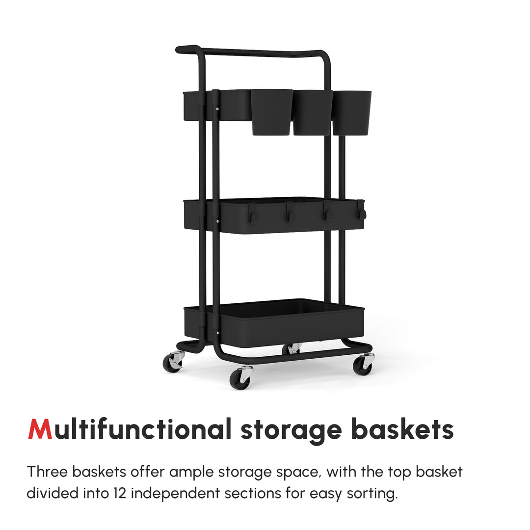 MCL Three-Tier Home Trolley, with Handle and Wheels - Black