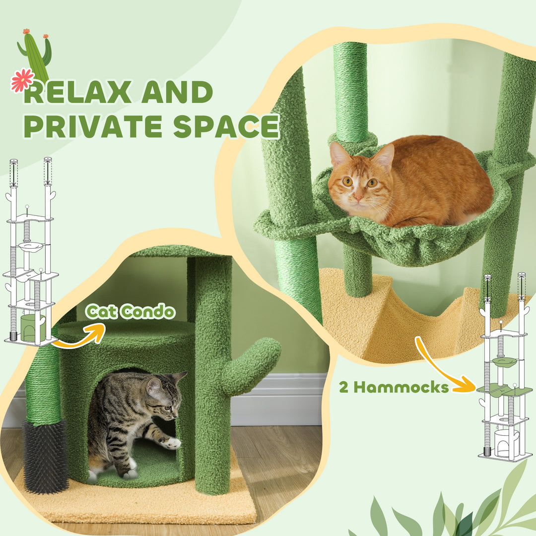 225-255cm Adjustable Floor to Ceiling Cat Tree, Tall Cat Tower for Indoor Cats w/ Scratching Posts, Green