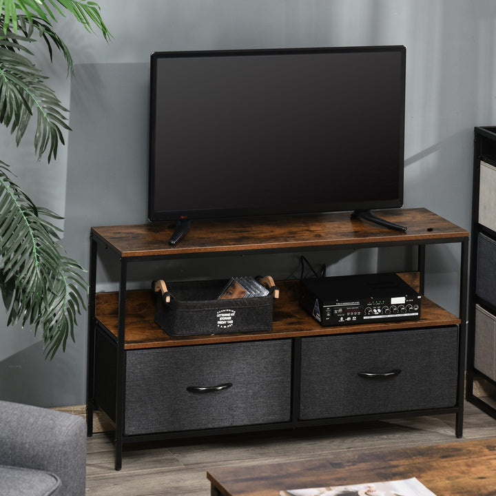 HOMCOM TV Cabinet with 2 Foldable Linen Drawers, TV Stand with Shelving for Living Room, Entertainment Room, TV Table Unit, Rustic Brown