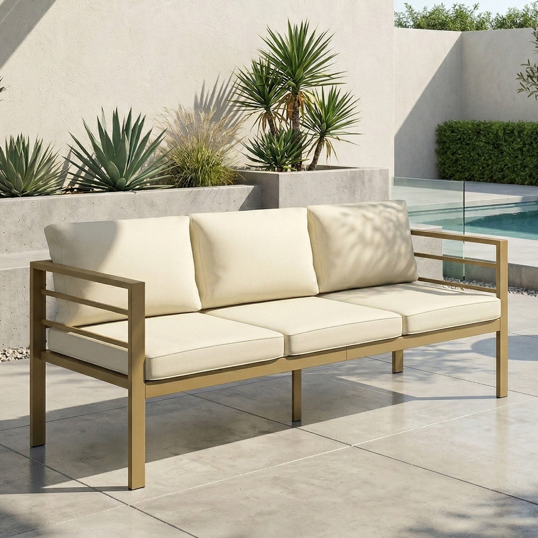 Garden Bench with Cushions, 3-Seater Sofa with Backrest, Armrest and B