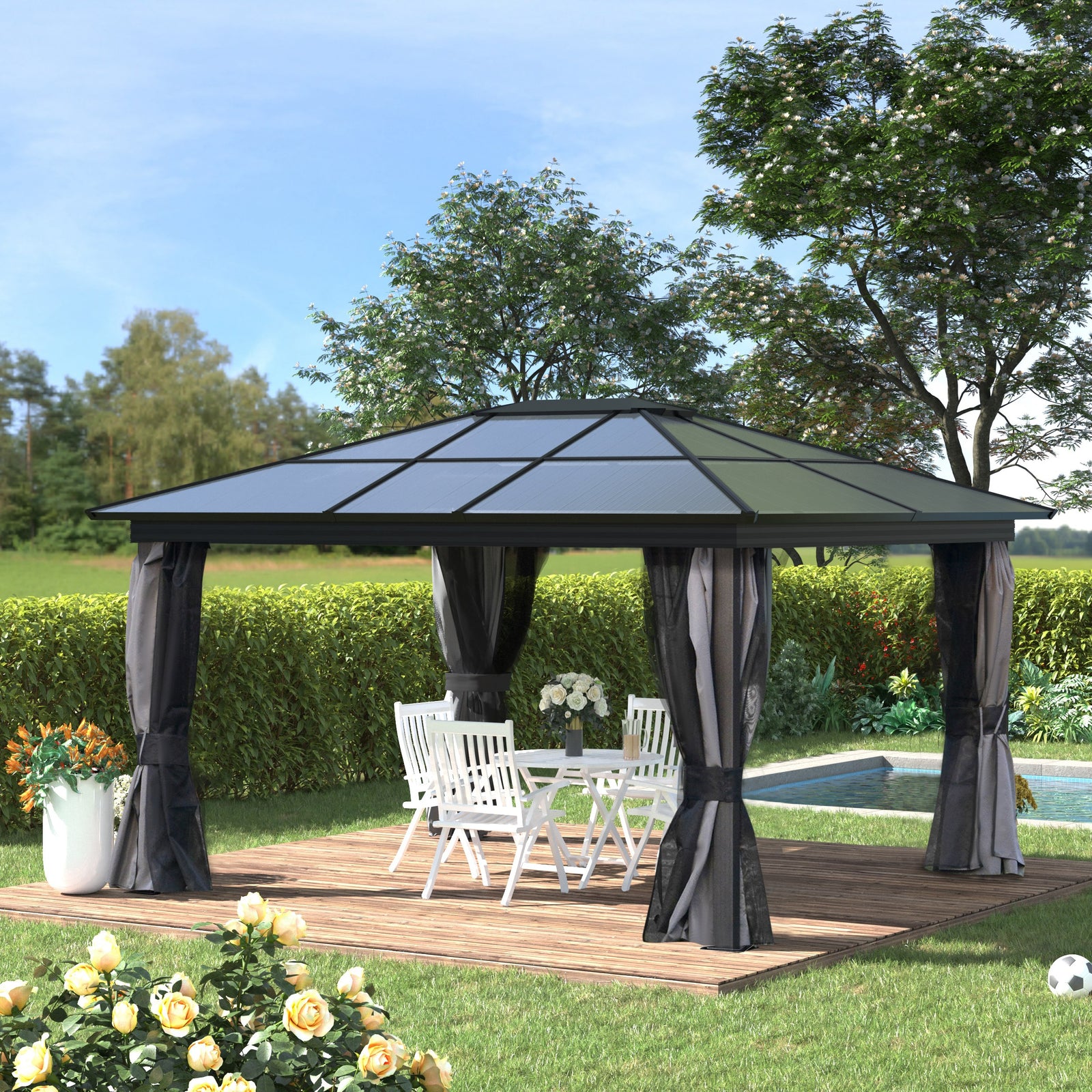 3.6 x 4m Hardtop Gazebo Canopy with Polycarbonate Roof, Aluminium Frame, Permanent Pavilion Garden Gazebo with Netting and Curtains for Patio, Deck, Dark Grey
