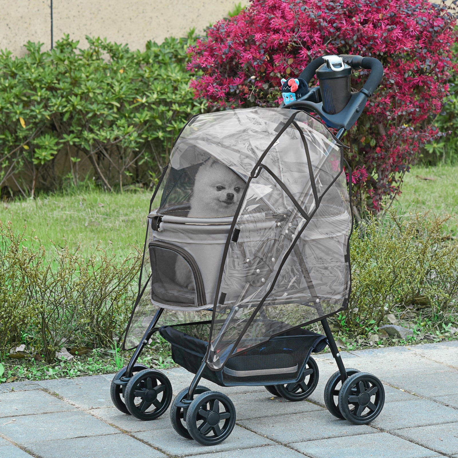 Dog Stroller with Rain Cover, Dog Pushchair One-Click Fold Trolley Jogger with EVA Wheels Brake Basket Adjustable Canopy Safety Leash for Small Dogs, Grey