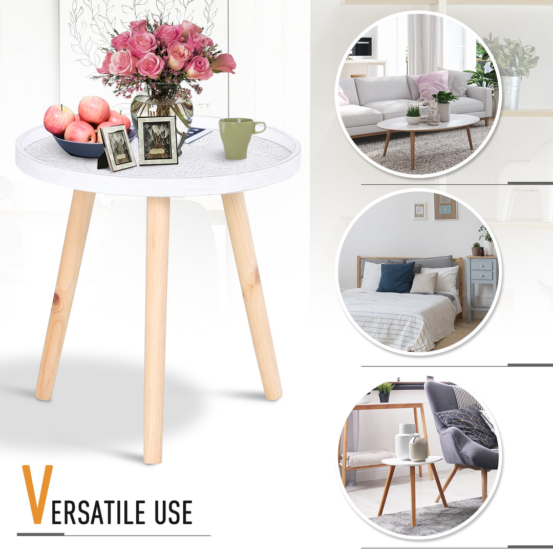 Coffee Table, Carved Floral Round Table with Tray-style Top and Wood Legs, Modern Side Table for Living Room, White