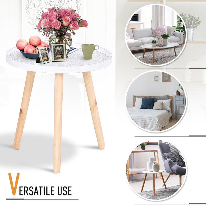 Coffee Table, Carved Floral Round Table with Tray-style Top and Wood Legs, Modern Side Table for Living Room, White