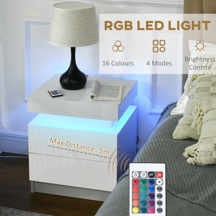 White Bedside Table with LED Light, High Gloss Front Nightstand with 2 Drawers, for Living Room, Bedroom