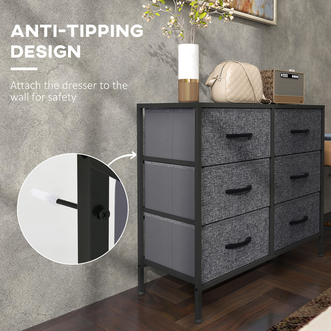 Fabric Chest of Drawers, Industrial Bedroom Dresser with 6 Fabric Drawers, Steel Frame and Wooden Top for Nursery, Living Room, Hallway, Black