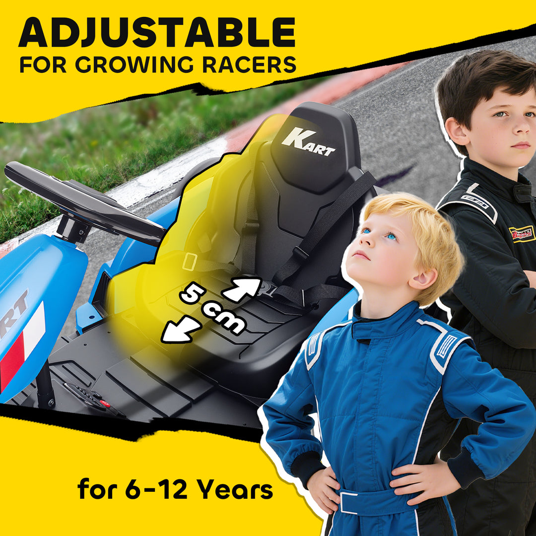 24V Electric Go Kart, Drift Kart with Adjustable Seat, Slow Start, 5-Point Harness, Music, Horn, for 6-12 Years
