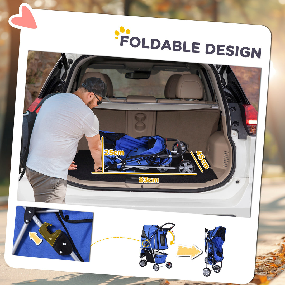 Dog Stroller, 3 Wheels Foldable Cat Dog Pram with Cup Holder, Storage Basket, Pet Stroller for Small Miniature Dogs, Blue