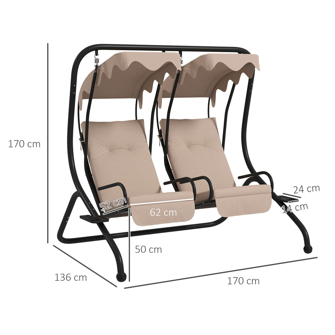 Two-Seat Garden Swing Chair, with Protective Canopy - Beige