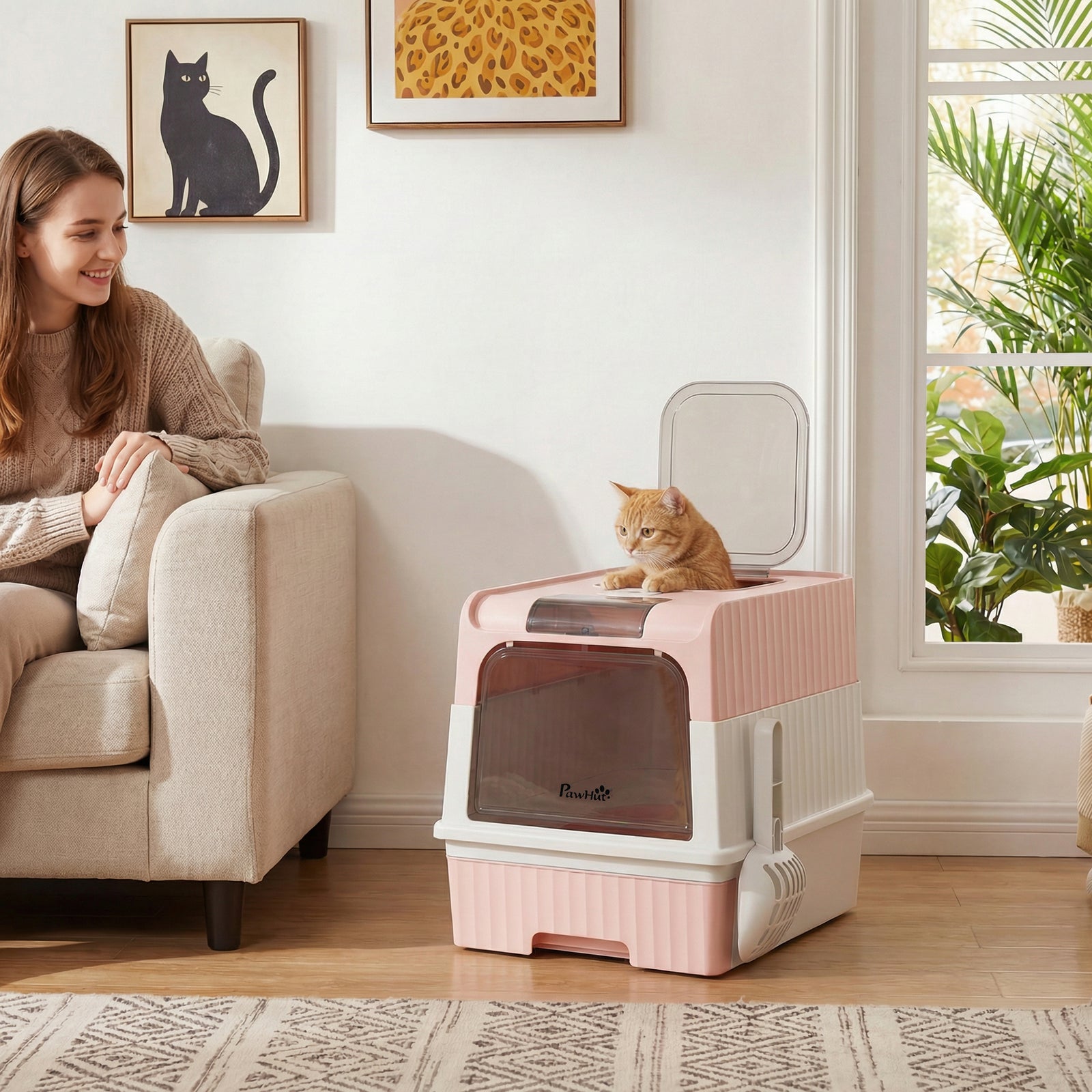 Enclosed Cat Litter Box with Lid, Pull-Out Drawer Tray, Scoop, 4 Deodo