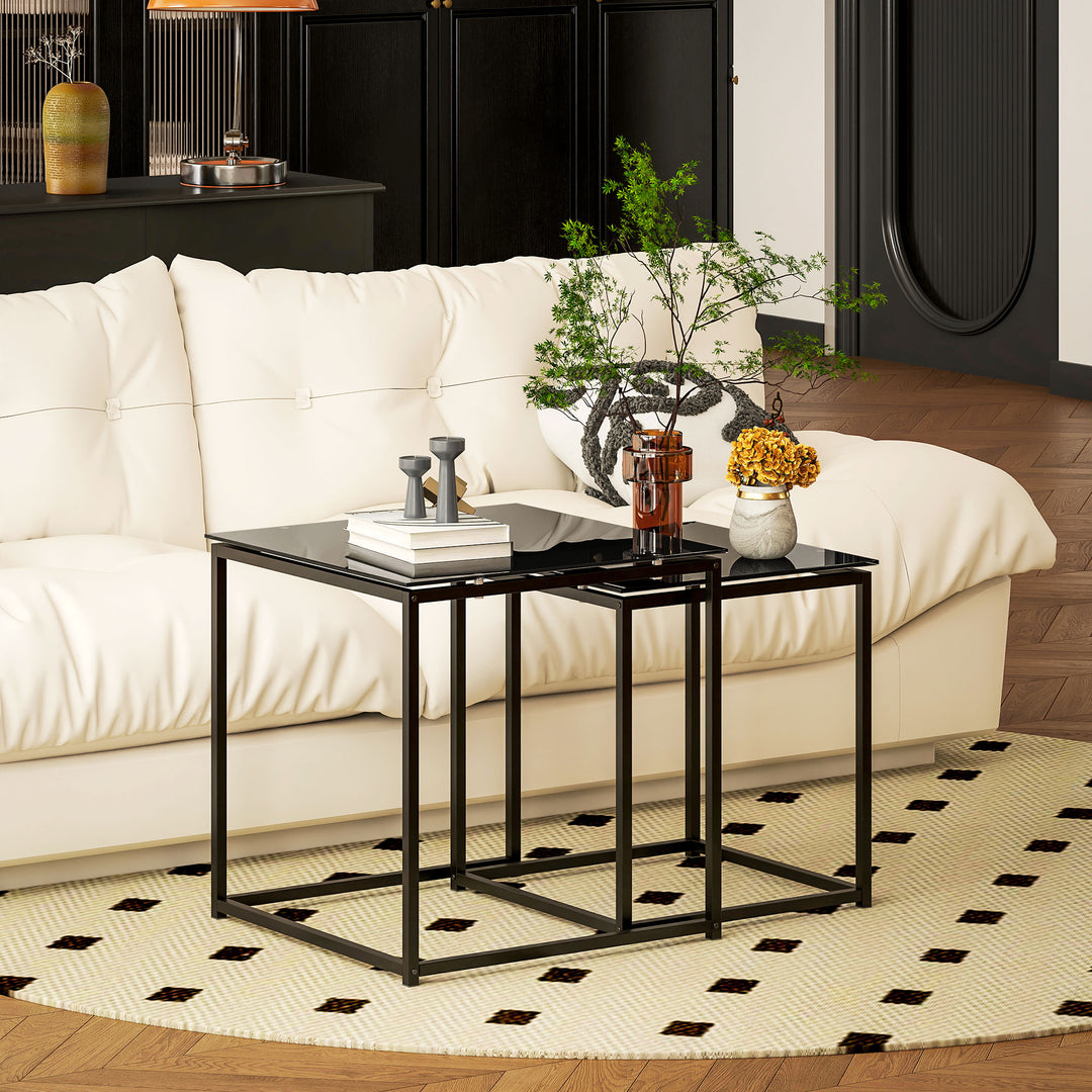 Nest of Tables, Set of 2 Coffee Table, Side Tables with Tempered Glass Desktop and Metal Frame for Living Room, Bedroom, Office, Black