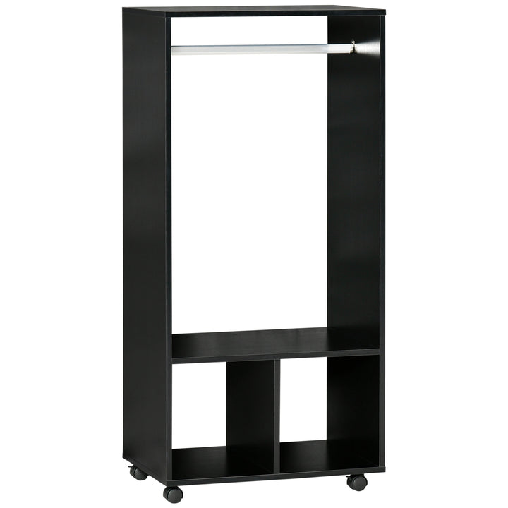 MCL Open Wardrobe on Wheels, Bedroom Wardrobe with Clothes Hanging Rail, 2 Storage Shelves, Mobile Garment Rack for Cloakroom, Hallway, Black