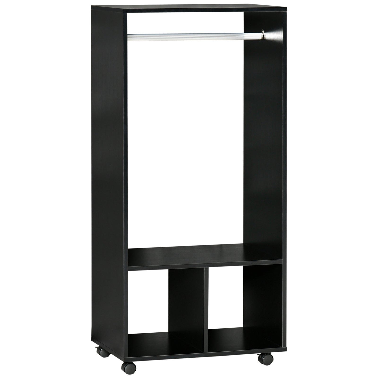 Open Wardrobe on Wheels, Bedroom Wardrobe with Clothes Hanging Rail, 2 Storage Shelves, Mobile Garment Rack for Cloakroom, Hallway, Black