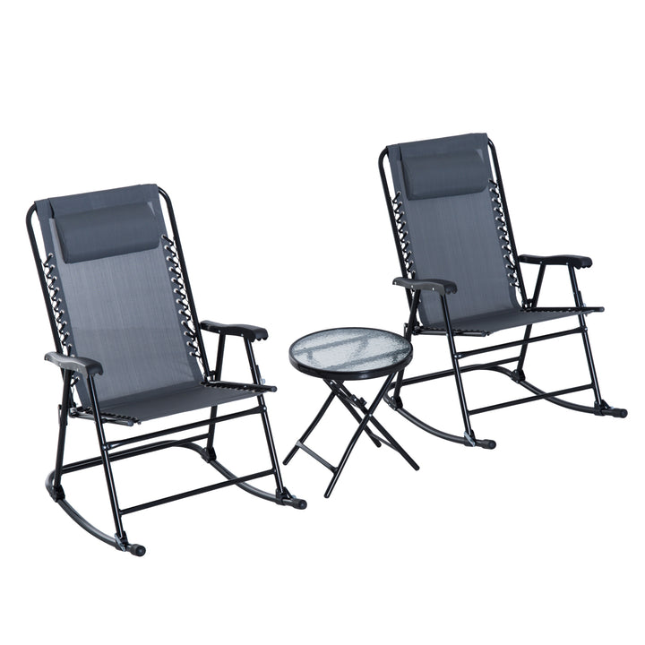 Outsunny 3 Piece Outdoor Rocking Set with 2 Folding Chairs and 1 Tempered Glass Table, Patio Bistro Set for Garden, Deck, Grey | Aosom UK